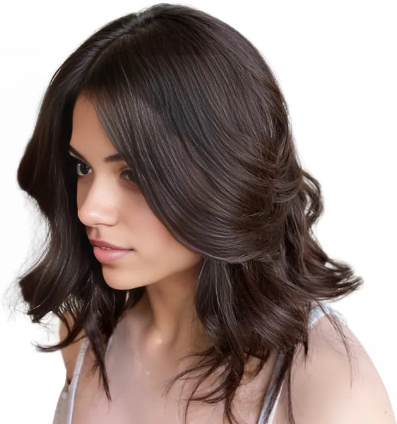 Rich Espresso wig styling example"