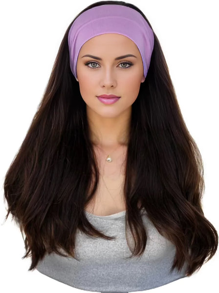 A woman wearing a dark brown wig with a headband. Front view