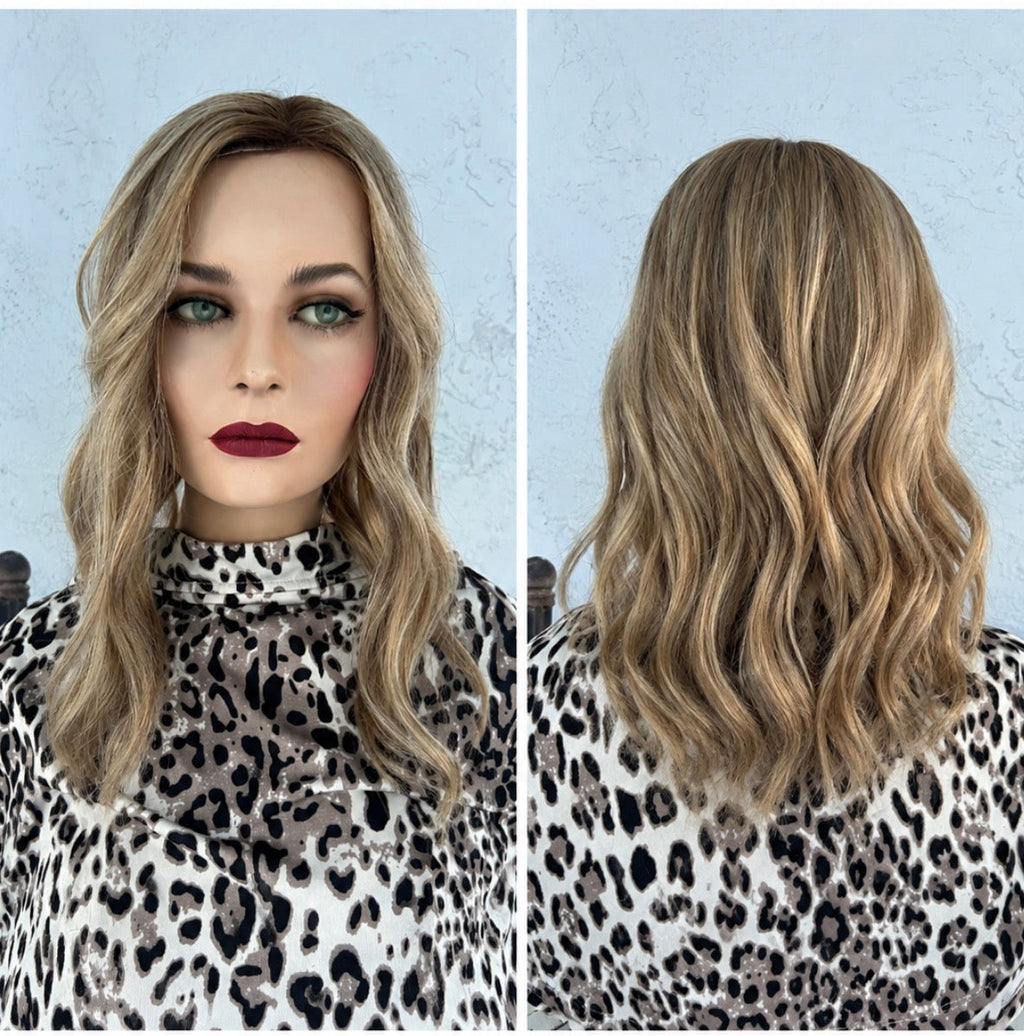 Iced Cinnamon Topper — Open Box | Front and back view showing dimensional sandy blonde with brown root melt and soft waves