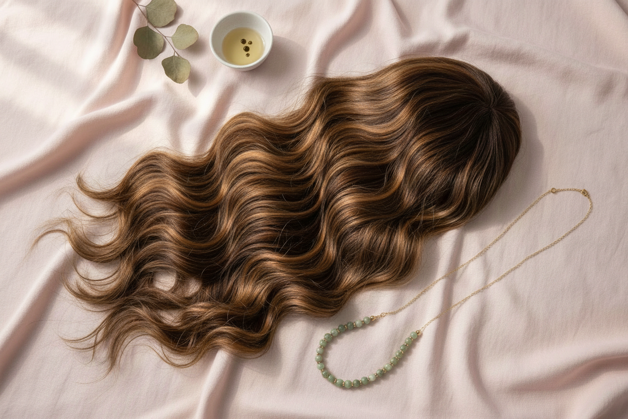 Wig Flatlay on Pink Fabric